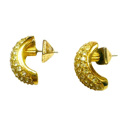 CHRISTIAN DIOR GOLD PLATED HALF MOON CRYSTAL EARRINGS. - Picture 2 of 7